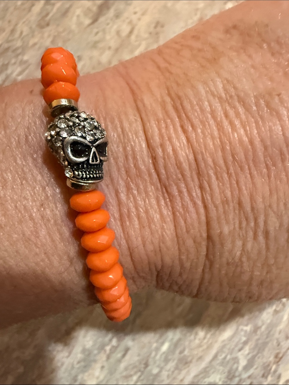 Orange Beaded Skull Stretch Bracelet
